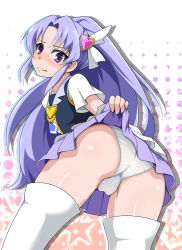 Rule 34 | 10s, 1girl, ass, blush, brooch, clothes lift, cure fortune, embarrassed, hair ornament, happinesscharge precure!, heart, heart brooch, heart hair ornament, hikawa iona, long hair, magical girl, panties, ponytail, precure, purple eyes, purple hair, purple skirt, skirt, skirt lift, solo, thighhighs, third love, underwear, white panties, white thighhighs, wide ponytail
