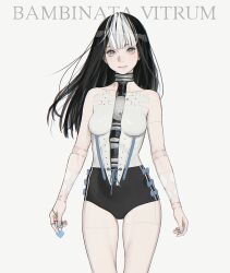 Rule 34 | 1girl, alternate hairstyle, bambinata (punishing: gray raven), black hair, black leotard, blue nails, breasts, character name, closed mouth, d.k, doll joints, freckles, grey background, grey eyes, grey hair, heart, heart-shaped pupils, joints, leotard, looking at viewer, mechanical arms, mechanical legs, mechanical parts, multicolored hair, punishing: gray raven, small breasts, solo, symbol-shaped pupils, two-tone hair, white hair, white leotard