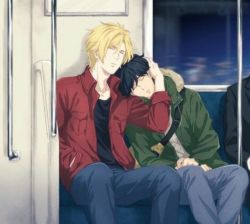 Rule 34 | artist request, ash lynx, banana fish, black hair, black shirt, blonde hair, denim, green jacket, hand on another&#039;s head, head on another&#039;s shoulder, jacket, jeans, leaning on person, long sleeves, official style, okumura eiji, pants, red jacket, shirt, short hair, sitting, sleeping, sleeping upright, sleeves past elbows, source request, subway, yaoi