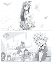Rule 34 | 3girls, 4boys, barret wallace, black hair, blue eyes, blush, bouquet, bow, bowtie, breasts, bridal veil, bride, cid highwind, cleavage, cloud strife, crying, dress, final fantasy, final fantasy airborne brigade, final fantasy vii, final fantasy vii remake, flower, goggles, goggles on head, highres, jewelry, large breasts, long hair, marlene wallace, monochrome, multiple boys, multiple girls, necklace, parted lips, red eyes, red xiii, short hair, spiked hair, spykeee, square enix, swept bangs, tifa lockhart, veil, vincent valentine, wedding dress, yuffie kisaragi
