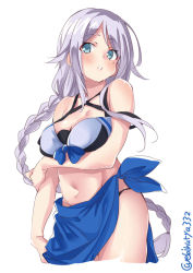 Rule 34 | 1girl, arm at side, arm under breasts, bare shoulders, bikini, black bikini, blue eyes, braid, breast hold, breasts, cowboy shot, criss-cross halter, cropped legs, ebifurya, hair between eyes, hair flaps, halterneck, highres, kantai collection, lips, long braid, long hair, looking at viewer, medium breasts, mole, mole under eye, parted bangs, parted lips, sarong, shiny skin, silver hair, simple background, single braid, solo, stomach, swimsuit, twitter username, umikaze (kancolle), very long hair, white background