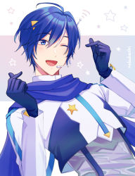 Rule 34 | 1boy, ;d, blue eyes, blue hair, finger heart, gloves, headgear, highres, kaito (vocaloid), long sleeves, magical mirai (vocaloid), magical mirai kaito, male focus, nokuhashi, one eye closed, open mouth, scarf, smile, solo, vocaloid