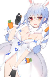 Rule 34 | 1girl, :d, absurdres, animal ear fluff, animal ears, bad id, bad pixiv id, bandaid, bandaids on nipples, bare shoulders, black gloves, blue hair, blush, bow, braid, breasts, breasts apart, carrot hair ornament, convenient arm, detached sleeves, dress, food-themed hair ornament, fur-trimmed dress, fur-trimmed gloves, fur collar, fur trim, gloves, groin, hair between eyes, hair bow, hair ornament, hand up, highres, hololive, long hair, looking at viewer, multicolored hair, no panties, open mouth, pasties, puffy short sleeves, puffy sleeves, rabbit ears, rabbit girl, red eyes, revision, short sleeves, sidelocks, small breasts, smile, solo, strapless, strapless dress, twin braids, two-tone hair, usada pekora, usada pekora (1st costume), virtual youtuber, white bow, white dress, white hair, xiao lin jiu
