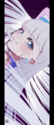Rule 34 | 1girl, aoi tete, bare shoulders, blue eyes, blurry, blush, bow, choker, crown earrings, cure nyammy, depth of field, earrings, eyelashes, floating hair, from side, grey hair, highres, jewelry, letterboxed, lipstick, logo, long hair, looking at viewer, looking to the side, magical girl, makeup, nekoyashiki yuki, pink lips, portrait, precure, purple background, sidelocks, sideways, sideways glance, simple background, solo, straight hair, very long hair, white hair, wonderful precure!