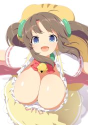 Rule 34 | 1girl, animal bag, bad id, bad twitter id, bell, blue eyes, bracelet, breasts, brown hair, choker, cleavage, dress, fang, from above, green choker, huge breasts, jewelry, jingle bell, long hair, looking at viewer, looking up, minori (senran kagura), open mouth, outstretched arms, ring hair ornament, senran kagura, senran kagura shinovi versus, shiny skin, shortstack, simple background, smile, solo, spread arms, striped legwear, tottotonero, twintails, white background, yellow dress