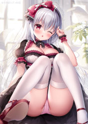 Rule 34 | 1girl, ;o, black dress, blush, bow, breasts, cameltoe, cleavage, commentary request, curtains, dress, fang, hair between eyes, hair bow, hand up, head tilt, indoors, knees together feet apart, knees up, large breasts, mitsuba choco, nail polish, one eye closed, original, panties, paper, parted lips, pink nails, pink panties, puffy short sleeves, puffy sleeves, red bow, red eyes, red footwear, shoe soles, shoes, short sleeves, silver hair, solo, thighhighs, underwear, white bow, white thighhighs, window, wrist cuffs