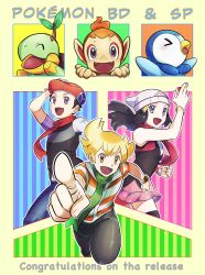 Rule 34 | 1girl, 2boys, :d, barry (pokemon), beanie, blonde hair, bracelet, brown eyes, chimchar, commentary request, creatures (company), dawn (pokemon), english text, floating hair, game freak, gen 4 pokemon, green scarf, hair ornament, hairclip, hat, highres, holding, holding poke ball, jacket, jewelry, lucas (pokemon), multiple boys, nintendo, open mouth, pants, piplup, pkpokopoko3, pointing, poke ball, poke ball (basic), pokemon, pokemon (creature), pokemon bdsp, red scarf, scarf, shirt, short hair, short sleeves, skirt, sleeveless, sleeveless shirt, smile, starter pokemon trio, striped clothes, striped jacket, tongue, turtwig, white headwear