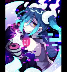 Rule 34 | 1girl, aqua hair, commentary, creatures (company), detached sleeves, game freak, ghost, ghost miku (project voltage), glitch, gradient hair, grey shirt, hair over one eye, hatsune miku, highres, long hair, looking at viewer, looking back, multicolored hair, nintendo, open mouth, pale skin, pokemon, project voltage, sandragh, shirt, signature, solo, twintails, twitter username, very long hair, vocaloid, will-o&#039;-the-wisp (mythology), yellow eyes