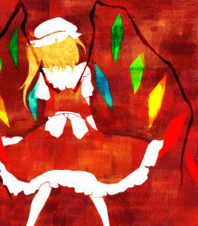 Rule 34 | 1girl, back, blonde hair, blouse, female focus, flandre scarlet, fori, hat, mob cap, red background, red theme, shirt, solo, standing, touhou, white hat, white shirt, wings