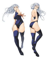 Rule 34 | 1girl, arms behind back, ass, back, bare shoulders, blue leotard, blue thighhighs, breasts, commentary, english commentary, floating hair, full body, grey hair, groin, hair between eyes, highres, kneepits, leotard, long hair, looking at viewer, looking back, looking to the side, medium breasts, multiple views, original, outstretched arm, parted lips, red eyes, simple background, tbocart, thighhighs, white background