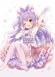 Rule 34 | 1girl, ;d, animal ear fluff, animal ears, arm up, armpits, bare shoulders, blue hair, blush, breasts, brown skirt, cat ears, coa (chroo x), collarbone, commentary request, crop top, flower, frilled shirt, frilled skirt, frills, gloves, gradient background, grey background, knees together feet apart, long hair, midriff, no shoes, one eye closed, open mouth, original, petals, plaid, plaid shirt, red eyes, red flower, shirt, skirt, small breasts, smile, soles, solo, thighhighs, two side up, very long hair, water drop, white background, white gloves, white thighhighs