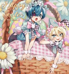 Rule 34 | 2boys, :o, absurdres, alois trancy, androgynous, animal ears, artist name, basket, bishounen, black shorts, blonde hair, blue bow, blue bowtie, blue eyes, blue hair, blue jacket, blue nails, bow, bowtie, buttons, ciel phantomhive, commentary, earrings, easter, easter egg, egg, eyepatch, fake animal ears, fake tail, flower, hair bow, hand on own cheek, hand on own face, happy easter, highres, jacket, jewelry, kuroshitsuji, lolita fashion, looking at viewer, male focus, multiple boys, open mouth, pink bow, pink bowtie, pink nails, plaid, puffy short sleeves, puffy sleeves, rabbit ears, rabbit tail, short hair, short sleeves, shorts, sphere earrings, symbol-only commentary, tail, tongue, tongue out, white flower, white headdress, white wrist cuffs, wormy owo, wrist cuffs