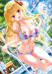 Rule 34 | 1girl, :d, bare arms, bare legs, barefoot, bikini, blonde hair, blue sky, bow, breasts, cleavage, collarbone, day, floating hair, fujima takuya, hair between eyes, hair bow, head tilt, highres, large breasts, lens flare, long hair, navel, off shoulder, open mouth, original, outdoors, pool ladder, red bow, red eyes, side-tie bikini bottom, sky, smile, solo, summer, swimsuit, very long hair, white bikini