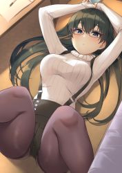 Rule 34 | 1girl, black hair, blue eyes, blush, breasts, brown pantyhose, glasses, highres, knees up, large breasts, long hair, long sleeves, looking at viewer, lying, on back, open mouth, original, pantyhose, pinta (ayashii bochi), solo, sweater, thighs, white sweater