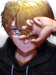 Rule 34 | 1boy, artist name, black hoodie, blonde hair, blue eyes, close-up, closed mouth, commentary, eyelashes, hair over one eye, hand up, highres, hood, hood down, hoodie, hoshino aquamarine, hylran0427, looking at viewer, nose, one eye covered, oshi no ko, rain, serious, short hair, simple background, solo, star-shaped pupils, star (symbol), symbol-shaped pupils, white background