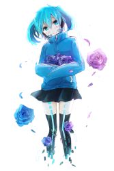 Rule 34 | 1girl, akebisousaku, bad id, bad pixiv id, blue eyes, blue flower, blue hair, blue rose, ene (kagerou project), flower, highres, kagerou project, long hair, rose, short hair, simple background, skirt, solo, thighhighs, twintails
