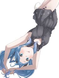 Rule 34 | 1girl, ahoge, animal ear piercing, animal ears, armpits, black bow, black dress, black hairband, blue eyes, blue hair, blush, bow, breasts, cleavage cutout, closed mouth, clothing cutout, collared dress, commentary request, dog ears, dog girl, dress, earrings, extra ears, foot out of frame, frilled shirt collar, frilled socks, frills, hair bow, hairband, highres, jewelry, leg tattoo, long hair, looking at viewer, lovermoonlight, low twintails, medium breasts, nanashi inc., official alternate costume, paw print tattoo, simple background, single earring, sleeveless, sleeveless dress, smile, socks, solo, souya ichika, souya ichika (6th costume), tattoo, tongue, tongue out, twintails, upside-down, virtual youtuber, white background, white socks