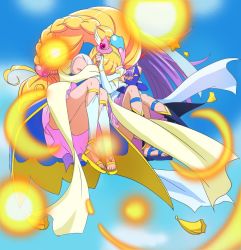 Rule 34 | 2girls, asahina mirai, blonde hair, cloud, cure magical, cure magical (sapphire style), cure miracle, cure miracle (sapphire style), haruyama kazunori, hat, izayoi liko, long hair, magical girl, mahou girls precure!, mini hat, mini witch hat, multiple girls, pink hat, ponytail, precure, purple hair, sandals, sky, wide ponytail, witch hat