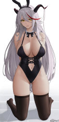 Rule 34 | 1girl, absurdres, aegir (azur lane), animal ears, arms behind back, azur lane, black corset, black leotard, black thighhighs, bow, bowtie, breasts, clothing cutout, corset, demon horns, detached collar, earrings, fake animal ears, gluteal fold, hair between eyes, heart, heart earrings, highres, horns, jewelry, kneeling, large breasts, leotard, long hair, looking at viewer, multicolored hair, navel, navel cutout, parted lips, playboy bunny, rabbit ears, shirt, solo, spaghetti strap, streaked hair, thighhighs, thighs, very long hair, white shirt, yellow eyes, zaphn