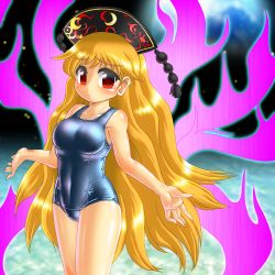 Rule 34 | 1girl, blonde hair, blush, breasts, frown, hat, junko (touhou), large breasts, long hair, one-piece swimsuit, red eyes, school swimsuit, shiny clothes, shiny skin, solo, swimsuit, touhou, very long hair, winn