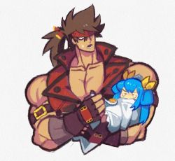 Rule 34 | 1boy, 1girl, baby, blue hair, brown hair, carrying, collarbone, denaseey, dizzy (guilty gear), father and daughter, fingerless gloves, food, gloves, guilty gear, guilty gear xrd, jacket, long hair, muscular, muscular male, pectoral cleavage, pectorals, ponytail, red jacket, sol badguy, spoon, tearing up, tears, twintails