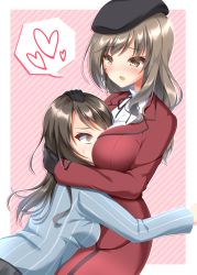 Rule 34 | 2girls, absurdres, between breasts, blush, breasts, brown eyes, brown hair, girls und panzer, hand on another&#039;s head, hat, head between breasts, highres, hug, large breasts, long hair, mika (girls und panzer), multiple girls, open mouth, ryochapu, shimada chiyo, simple background, smile, striped, striped background, yuri