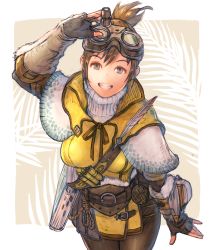 Rule 34 | 1girl, adjusting goggles, arm at side, belt, belt buckle, black gloves, blue eyes, book, breasts, brown belt, brown hair, brown ribbon, buckle, capcom, capelet, cowboy shot, dress, feathers, fingerless gloves, gloves, goggles, goggles on head, grin, hand up, handler (monster hunter world), highres, kuroimori, large breasts, legs together, looking at viewer, monster hunter, monster hunter: world, monster hunter (series), ribbon, short dress, smile, solo, teeth, turtleneck, white capelet, yellow dress