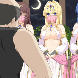 Rule 34 | 1boy, 3girls, bare shoulders, blonde hair, breasts, bridal gauntlets, commentary request, crescent moon, dancer, delores (mvv), detached sleeves, diadem, harem outfit, highres, large breasts, long bangs, long hair, moon, mouth veil, multiple girls, mvv, navel, night, original, plant, sidelocks, veil