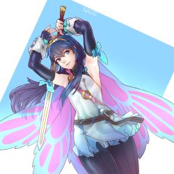 Rule 34 | absurdres, alternate costume, armpits, blue eyes, blue hair, butterfly wings, falchion, falchion (fire emblem), fire emblem, hair between eyes, highres, holding, holding sword, holding weapon, insect wings, lucina (fire emblem), nintendo, official alternate costume, sword, thefarelo, tiara, weapon, wings