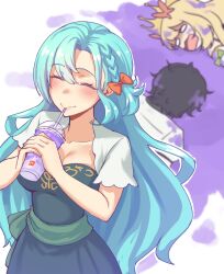 Rule 34 | 1boy, 2girls, absurdres, aqua hair, black hair, blonde hair, blush, bow, braid, breasts, butterfly hair ornament, celine (fire emblem), chloe (fire emblem), cleavage, closed eyes, collarbone, crown, cup, disposable cup, dress, drinking straw, face down, fire emblem, fire emblem engage, grimace shake (meme), hair between eyes, hair bow, hair ornament, highres, holding, holding cup, long hair, louis (fire emblem), mcdonald&#039;s, medium breasts, meme, milkshake, multiple girls, nintendo, official alternate costume, on ground, open mouth, purple liquid, sher (imnotsher), short hair, short sleeves, spill, very long hair, white eyes