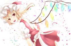 Rule 34 | 1girl, ascot, backless outfit, bad id, bad pixiv id, blonde hair, conesa, female focus, flandre scarlet, hat, hat ribbon, looking at viewer, open mouth, puffy sleeves, red eyes, ribbon, shirt, short sleeves, side ponytail, skirt, skirt set, smile, solo, touhou, wings