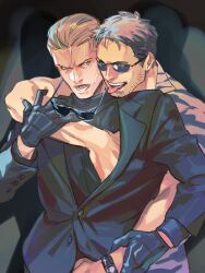 Rule 34 | 2boys, albert wesker, bara, black gloves, black jacket, black shirt, blonde hair, chris redfield, facial hair, gloves, grey hair, grey shirt, hand under clothes, jacket, looking at another, male focus, multiple boys, muscular, muscular male, official alternate costume, open mouth, resident evil, resident evil 5, shirt, short hair, sunglasses, tatsumi (psmhbpiuczn), tongue, tongue out, watch, wristwatch, yaoi