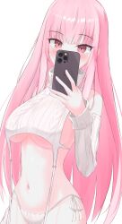 Rule 34 | 1girl, absurdres, bare shoulders, blush, breasts, cellphone, detached sleeves, highres, holding, holding phone, hololive, hololive english, large breasts, long hair, looking at viewer, meme attire, mori calliope, navel, nobarts, panties, phone, pink hair, red eyes, ribbed thighhighs, sideboob, smartphone, smile, solo, sweater, thighhighs, turtleneck, underwear, virgin destroyer sweater, virtual youtuber, white panties, white sweater
