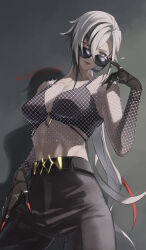 Rule 34 | 1girl, absurdres, alternate costume, arlecchino (genshin impact), bare shoulders, belt, black-framed eyewear, black belt, black bra, black eyes, black hands, black pants, bra, breasts, closed mouth, collarbone, fingernails, fishnet top, fishnets, genshin impact, grey background, hand on own hip, hand up, head tilt, highres, jewelry, lips, long fingernails, long hair, looking at viewer, medium breasts, midriff, multicolored hair, multiple rings, pants, red nails, red pupils, ring, romaji commentary, shadow, shizuku1473, solo, stomach, streaked hair, sunglasses, symbol-shaped pupils, thumb ring, twitter username, two-tone hair, underwear, white hair, x-shaped pupils