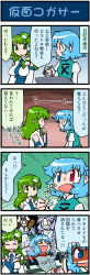 Rule 34 | &gt; &lt;, 4koma, 5girls, animal ears, artist self-insert, blue hair, blush, breasts, brown hair, rabbit ears, carrot, carrot necklace, clenched hand, clothes writing, comic, detached sleeves, closed eyes, female focus, frog, green eyes, green hair, hammer, heterochromia, highres, inaba tewi, jewelry, kamen norida, kamen rider, kochiya sanae, large breasts, long image, mask, medical scrubs, mizuki hitoshi, mouth mask, multiple girls, necklace, pen, pendant, real life insert, restrained, scarf, snake, stationary restraints, surgical mask, tall image, tatara kogasa, touhou, translated, yagokoro eirin