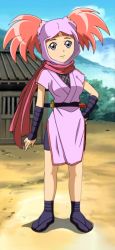 Rule 34 | 00s, 1girl, cloud, dinosaur king, female focus, hood, looking at viewer, ninja, outdoors, purple eyes, red hair, sandals, scarf, sky, solo, standing, tatsuno malm, third-party edit, aged down