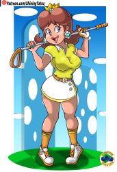 Rule 34 | 1girl, alternate costume, artist name, bare arms, blue eyes, breasts, brown hair, crown, earrings, flower earrings, full body, gloves, golf club, grin, highres, jewelry, mario (series), mario golf, mario golf: super rush, mountain, nintendo, open mouth, princess daisy, shining-tatsu, skirt, smile, solo, standing