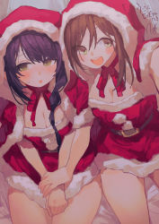 Rule 34 | 2girls, belt, belt buckle, blush, borrowed character, breasts, brown hair, buckle, christmas, cleavage, commentary request, commission, dress, embarrassed, green eyes, hat, highres, long hair, looking at viewer, medium breasts, multiple girls, neck ribbon, off-shoulder dress, off shoulder, open mouth, original, potg (piotegu), purple hair, red dress, red neckwear, ribbon, santa costume, santa hat, selfie, sitting, skeb commission, smile, sweatdrop, teeth, translation request, upper teeth only
