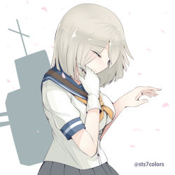 Rule 34 | 10s, 1girl, blush, closed eyes, gloves, hamakaze (kancolle), hand up, jewelry, kantai collection, pleated skirt, ring, school uniform, serafuku, short hair, silver hair, simple background, single glove, skirt, smile, solo, sts, tears, twitter username, wedding band, white gloves