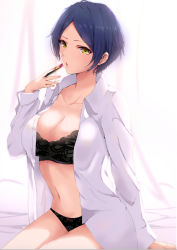 Rule 34 | 1girl, :o, applying makeup, arm behind back, arm up, black bra, black panties, blue hair, bow, bow panties, bra, breasts, cleavage, collarbone, commentary request, cosmetics, dress shirt, from side, hayami kanade, highres, idolmaster, idolmaster cinderella girls, large breasts, lipstick, lipstick tube, long sleeves, looking at viewer, makeup, navel, open clothes, open mouth, open shirt, panties, parted bangs, revision, ryuu., shirt, short hair, simple background, sitting, solo, underwear, white background, white shirt, yellow eyes