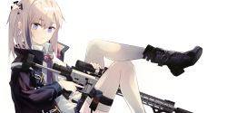 Rule 34 | 1girl, ar-15, black footwear, black jacket, blue eyes, blue hair, boots, closed mouth, collared shirt, commentary, cuicuijiao, expressionless, full body, girls&#039; frontline, gun, highres, holding, holding gun, holding weapon, jacket, leg up, long hair, long sleeves, looking at viewer, multicolored hair, one side up, pink hair, purple neckwear, rifle, shirt, simple background, sitting, st ar-15 (girls&#039; frontline), streaked hair, thigh strap, thighhighs, weapon, white background, white shirt, white thighhighs