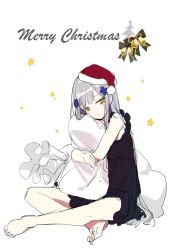 Rule 34 | 1girl, artist request, bare legs, barefoot, black dress, blunt bangs, blush, check artist, christmas, closed mouth, commentary request, cross, cross hair ornament, dress, full body, girls&#039; frontline, green eyes, grey hair, gyaku tsubasa, hair ornament, half-closed eyes, hat, head tilt, hk416 (girls&#039; frontline), hugging object, indian style, iron cross, long hair, looking to the side, merry christmas, pillow, pillow hug, red hat, sack, santa hat, simple background, sitting, sketch, smile, solo, star (symbol), teardrop facial mark, third-party source, very long hair, white background, white bag