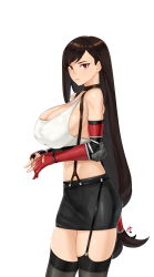 Rule 34 | 1girl, absurdres, bare shoulders, black hair, black skirt, black thighhighs, breasts, choker, cleavage, closed mouth, commentary, crop top, elbow gloves, elbow pads, final fantasy, final fantasy vii, final fantasy vii remake, from side, garter straps, gloves, highres, large breasts, long hair, looking at viewer, looking to the side, low-tied long hair, midriff, partially fingerless gloves, pencil skirt, red eyes, red gloves, shirt, simple background, skirt, solo, square enix, standing, suspender skirt, suspenders, swept bangs, tank top, taut clothes, taut shirt, thighhighs, thighs, tifa lockhart, very long hair, white background, white tank top, zcune