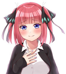 Rule 34 | 1girl, bad id, bad pixiv id, black cardigan, black ribbon, blue eyes, blunt bangs, blush, breasts, butterfly hair ornament, cardigan, collarbone, go-toubun no hanayome, hair ornament, hand on own chest, highres, kino xx62, large breasts, looking at viewer, multicolored nails, nail polish, nakano nino, open cardigan, open clothes, pink hair, raised eyebrows, ribbon, shirt, simple background, smile, twintails, white background, white shirt