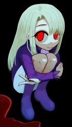 Rule 34 | 1girl, ascot, black background, blood, boots, commentary request, fate/stay night, fate (series), full body, grey hair, highres, hugging own legs, ichikawahonzen, illyasviel von einzbern, long hair, looking at viewer, pool of blood, purple footwear, purple shirt, red eyes, shirt, simple background, skirt, smile, solo, squatting, white skirt