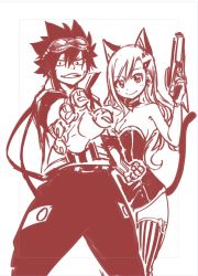 Rule 34 | 1boy, 1girl, animal ears, bare shoulders, breasts, choker, cleavage, eden&#039;s zero, fake animal ears, fake tail, goggles, goggles on head, grin, gun, hair ornament, hairclip, jacket, long hair, looking at viewer, mashima hiro, pants, rebecca bluegarden, shiki granbell, short hair, smile, spiked hair, standing, tail, thighhighs, weapon