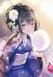 Rule 34 | 1girl, black hair, blue eyes, blue flower, blue kimono, blurry, blurry background, blush, commentary request, cotton candy, depth of field, fingernails, floral print, flower, food, glint, hair between eyes, hair flower, hair ornament, hand in own hair, hand up, highres, holding, holding food, japanese clothes, kimono, long sleeves, looking at viewer, obi, original, parted lips, ponytail, print kimono, sash, shiro kuma shake, smile, solo, water yoyo, white flower, wide sleeves, yukata
