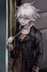 Rule 34 | 1boy, arm at side, black jacket, black sweater, chain, collar, collarbone, commentary request, danganronpa (series), danganronpa another episode: ultra despair girls, drooling, grey eyes, grey hair, hair between eyes, hand up, highres, holding, holding chain, jacket, komaeda nagito, long sleeves, looking at viewer, male focus, medium hair, metal collar, muuyiie, official alternate costume, open clothes, open jacket, red sweater, servant (danganronpa), solo, standing, striped clothes, striped sweater, sweater, upper body