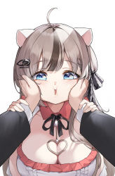 Rule 34 | 1girl, ahoge, animal ears, black ribbon, blue eyes, blush, breasts, brown hair, cheek squash, collared dress, commentary request, dress, futaba jita, hair ornament, hair ribbon, hairpin, hands on another&#039;s cheeks, hands on another&#039;s face, hands up, heart, heart necklace, highres, holding another&#039;s arm, indie virtual youtuber, jewelry, kokko (kokko3045), large breasts, long hair, long sleeves, looking at viewer, necklace, pov, ribbon, simple background, upper body, virtual youtuber, white background