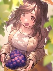 Rule 34 | 1girl, basket, blurry, blurry foreground, breasts, brown eyes, brown hair, cardigan, commentary request, food, fruit, grapes, hair ribbon, highres, idolmaster, idolmaster shiny colors, jewelry, large breasts, leaf, long hair, looking at viewer, looking up, necklace, open cardigan, open clothes, ponytail, ribbon, shirt, skirt, sleeves past wrists, solo, swept bangs, tsukioka kogane, ubo (ubo tales), white shirt